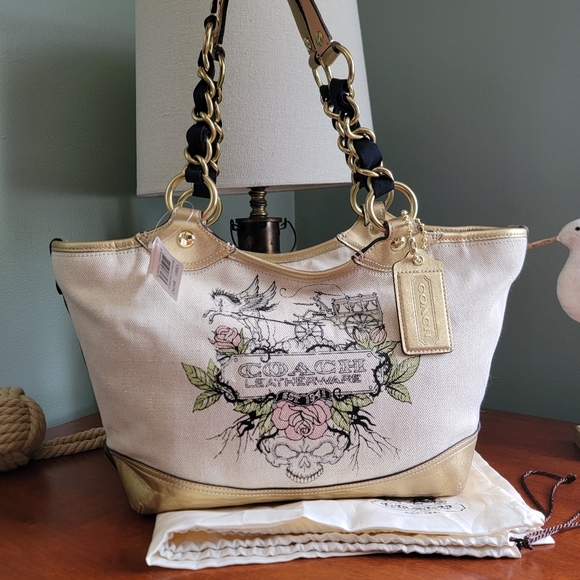 NWT Coach Y2K Tattoo Pegasus & Carriage Canvas & Gold Leather Chain Tote #13661 - Picture 1 of 16